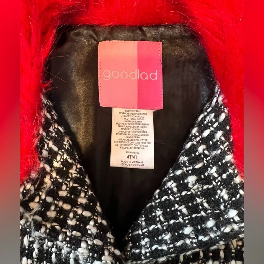 Goodlad Stylish Black and White Coat with Red Fur Accents Coat Girls Sz 4